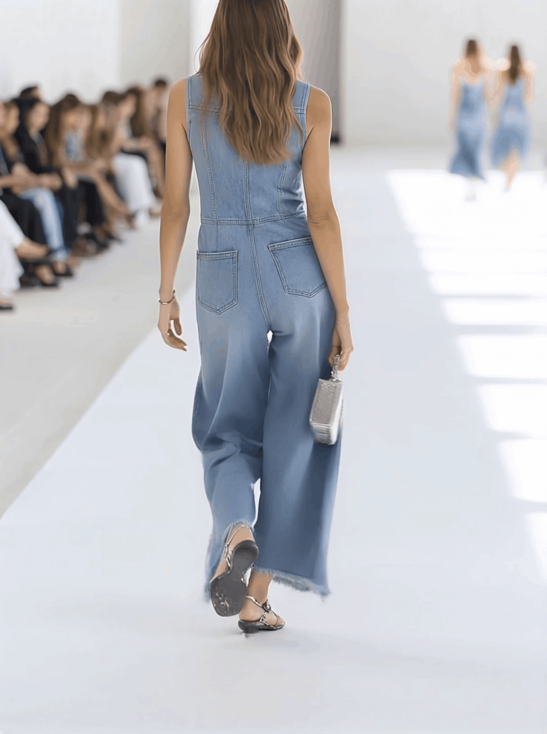 Light blue denim sleeveless raw edge wide-leg jumpsuit for women by Christine Brewer, displayed with flowing fabric and stylish design.