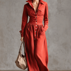 Red linen maxi dress by Christine Brewer featuring a casual, flowing silhouette and a comfortable, stylish fit.