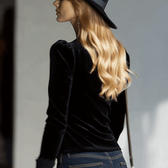 Black velvet lace long sleeve blouse for women by Christine Brewer, featuring intricate lace details and a fitted silhouette.
