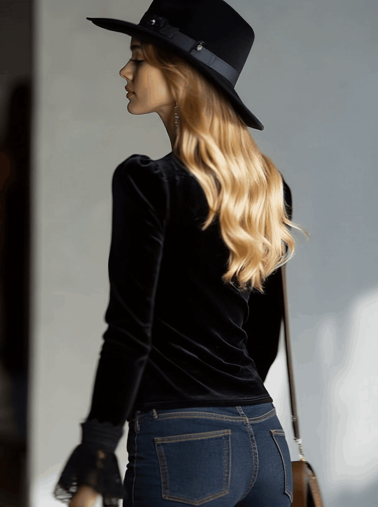 Black velvet lace long sleeve blouse for women by Christine Brewer, featuring intricate lace details and a fitted silhouette.