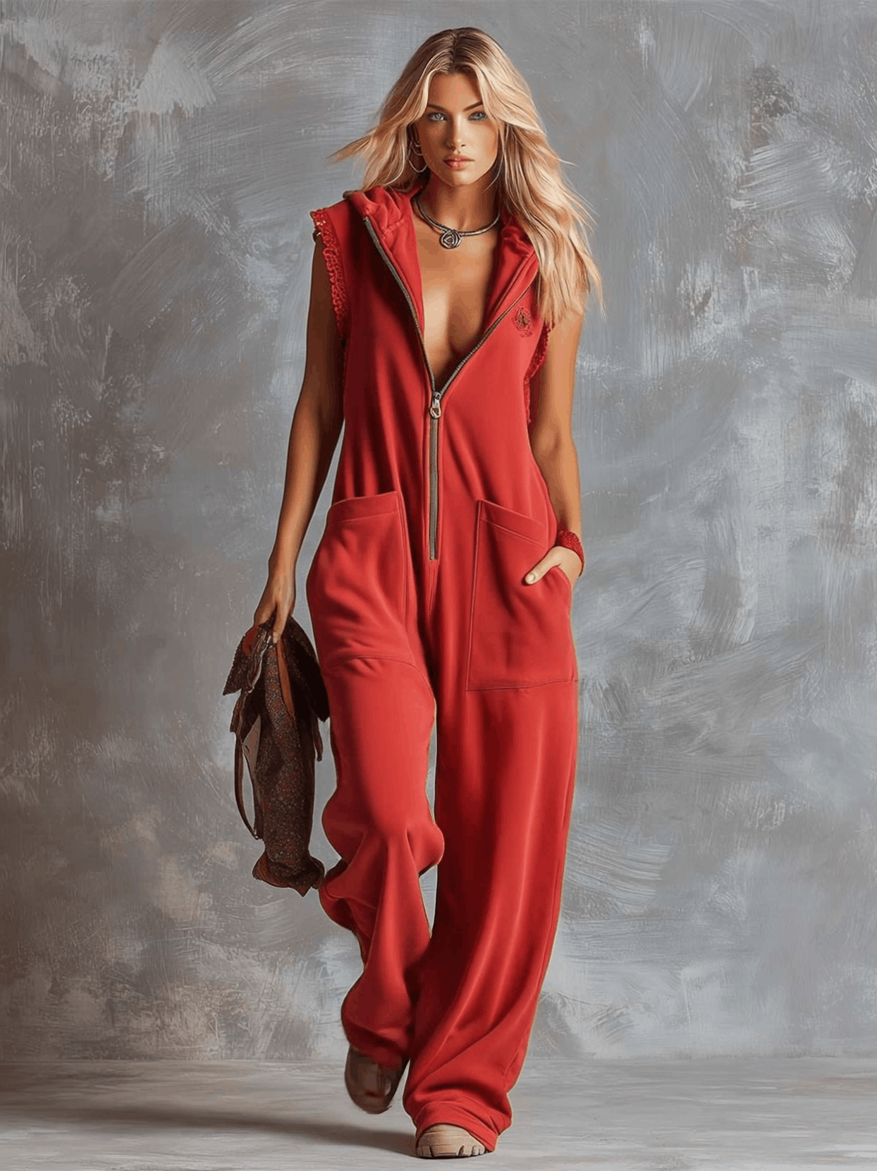 Raspberry red cotton hoodie jumpsuit for women with zip-front design, by Christine Brewer, featuring a relaxed fit and hood.