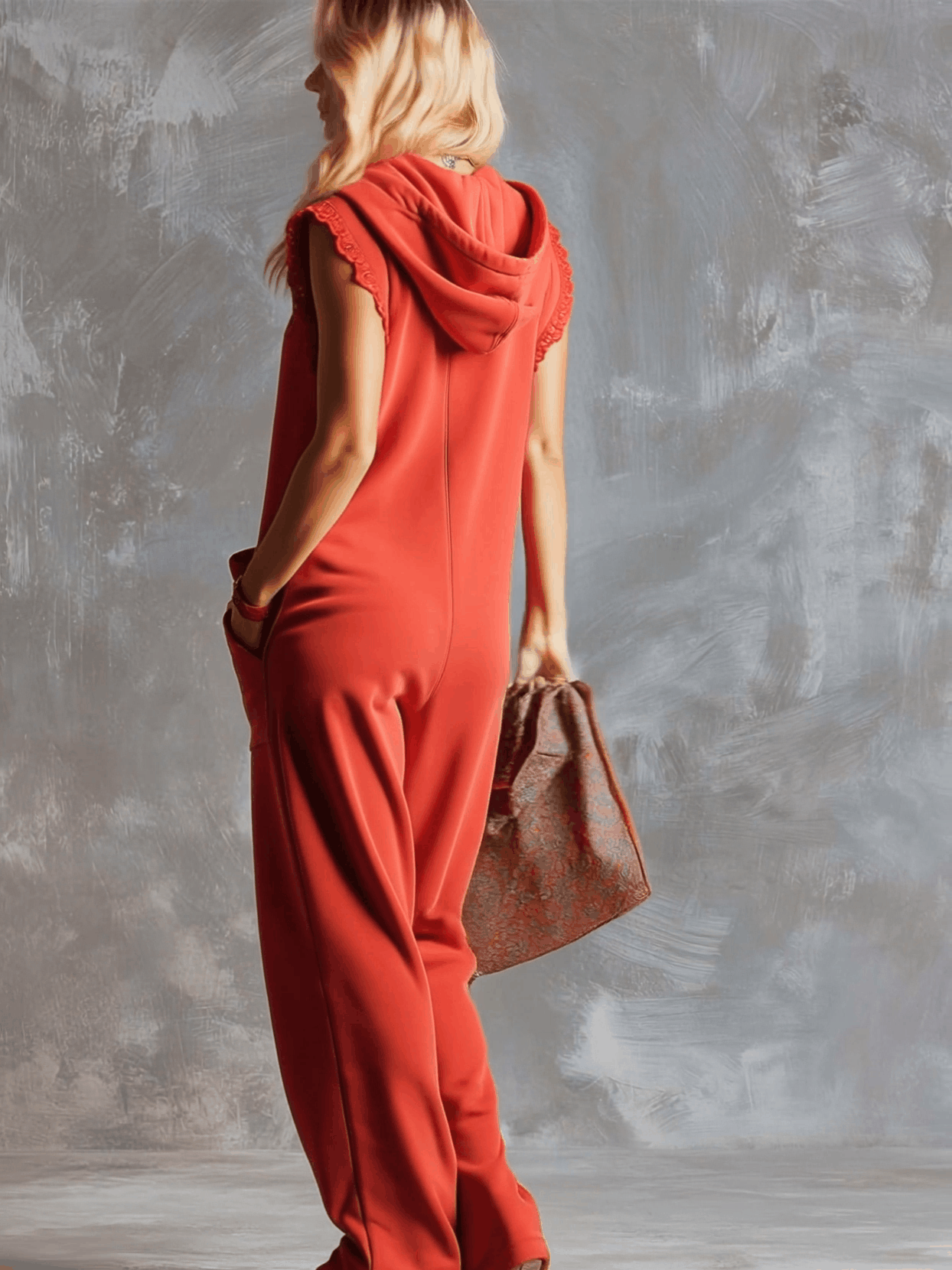 Raspberry red cotton hooded zip-front jumpsuit for women by Christine Brewer, featuring a comfortable fit and stylish design.