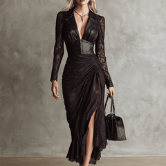 Red faux leather maxi dress by Christine Brewer, elegant evening dress with a flowing silhouette and stylish design.