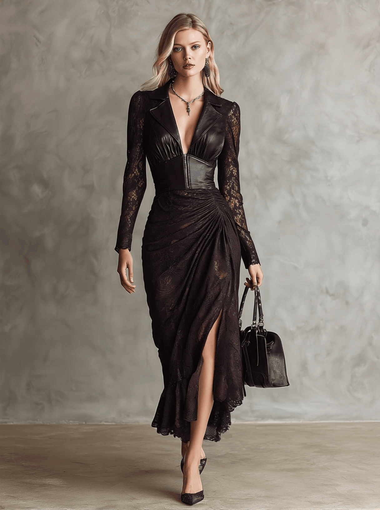 Red faux leather maxi dress by Christine Brewer, elegant evening dress with a flowing silhouette and stylish design.