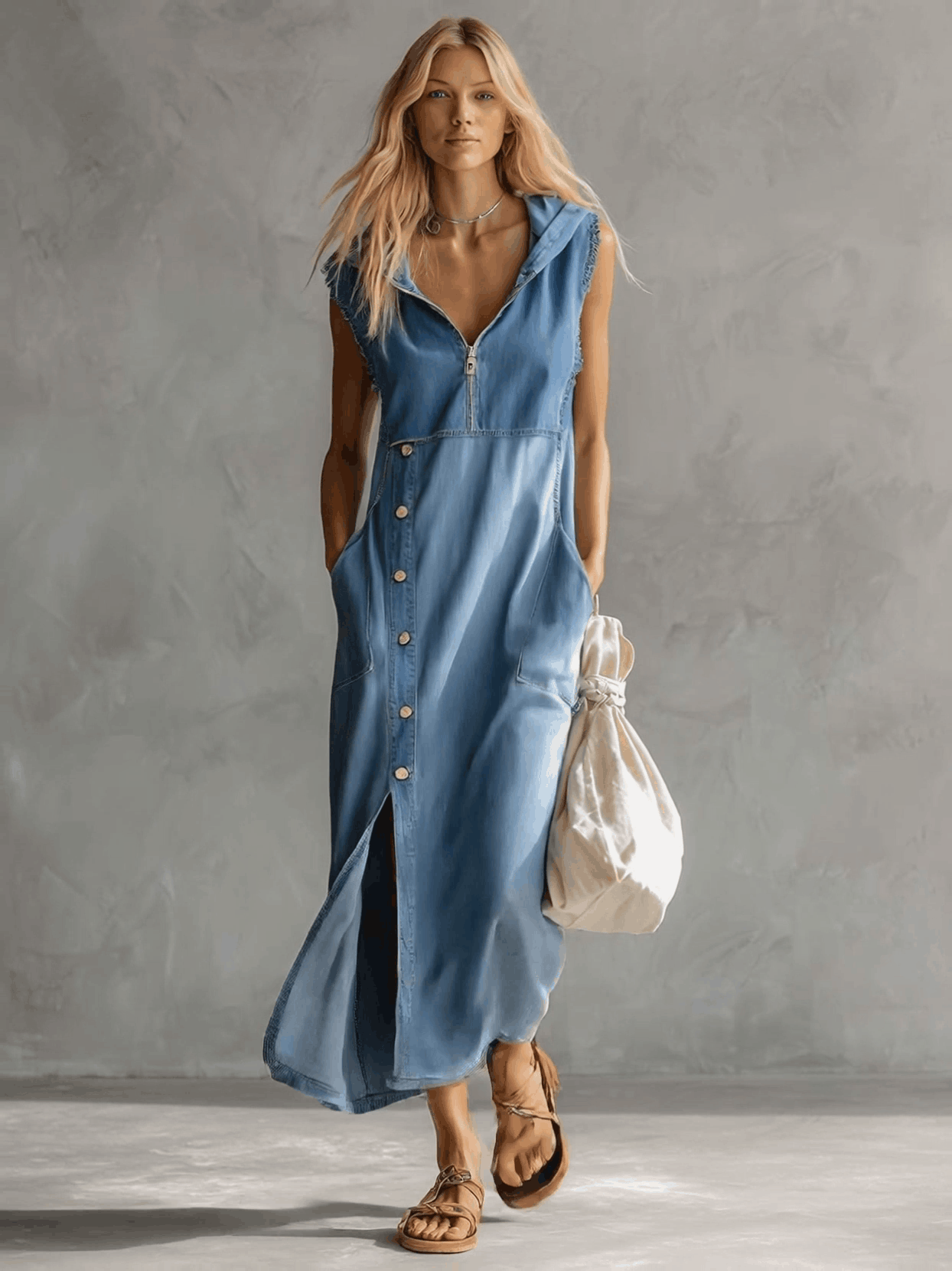 Blue denim V-neck midi dress by Christine Brewer, casual dress with a fitted waist and knee-length hem.
