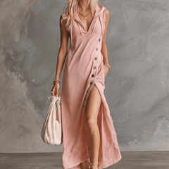 Pink lace V-neck midi dress by Christine Brewer, elegant evening dress with intricate lace details and a flattering V neckline.
