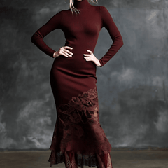 Burgundy lace maxi dress by Christine Brewer featuring long sleeves and elegant evening dress design.