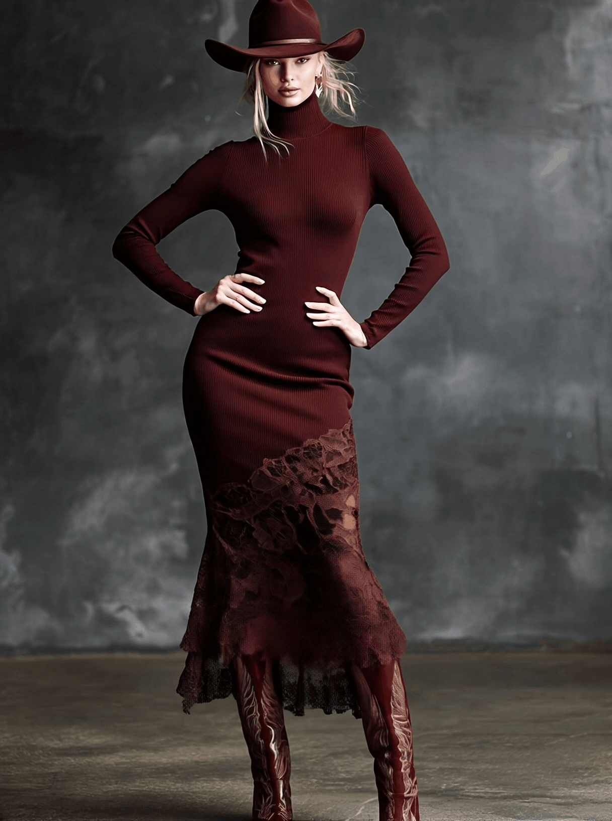 Burgundy lace maxi dress by Christine Brewer featuring long sleeves and elegant evening dress design.