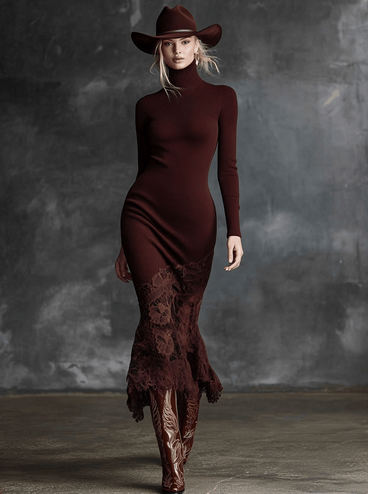 Burgundy lace maxi dress by Christine Brewer featuring intricate lace details and flowing silhouette for elegant evening wear.