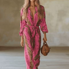 Rose red leopard print chiffon long sleeve jumpsuit for women, featuring stylish design and comfortable fit by Christine Brewer.