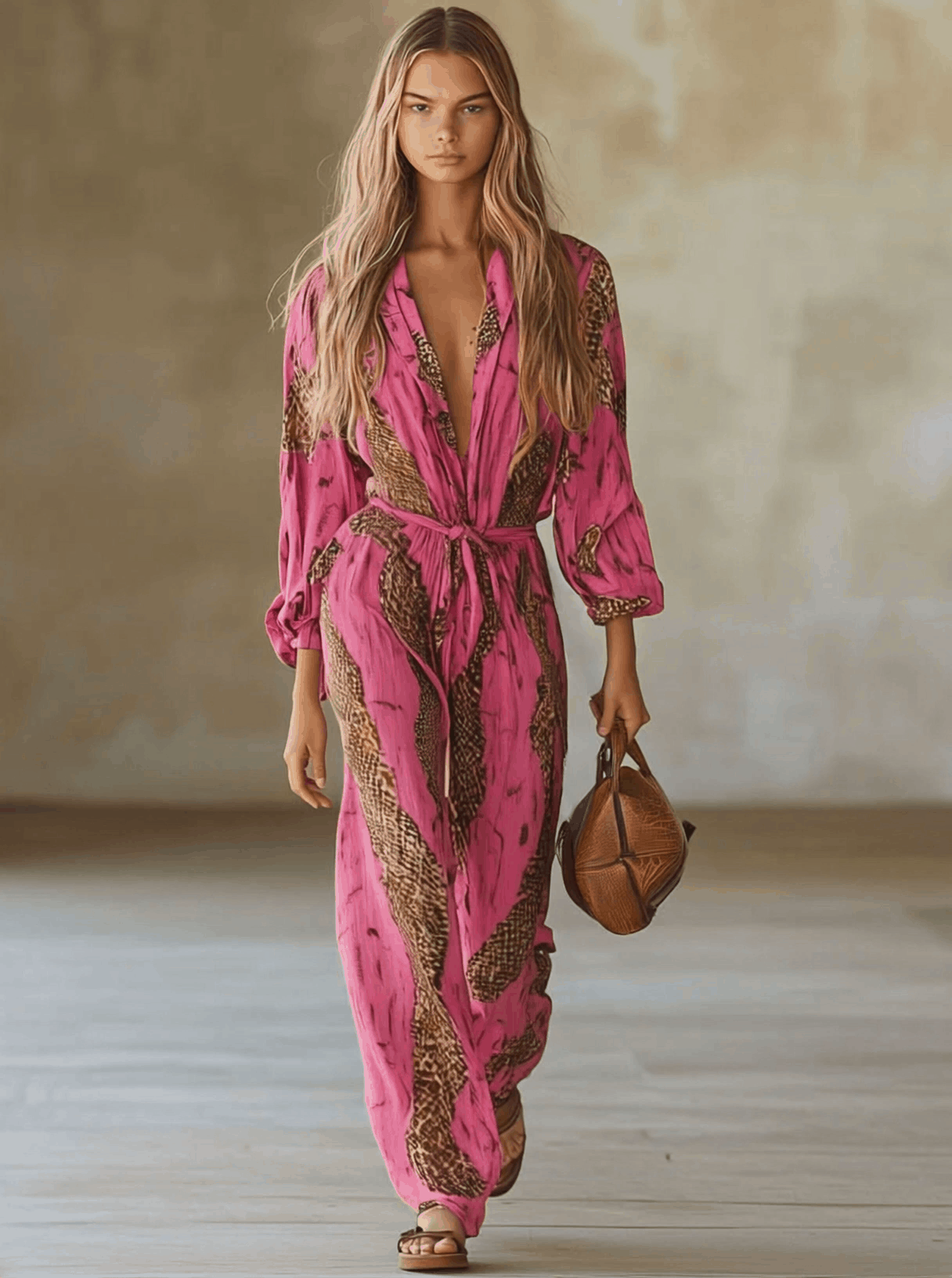 Rose red leopard print chiffon long sleeve jumpsuit for women, featuring stylish design and comfortable fit by Christine Brewer.