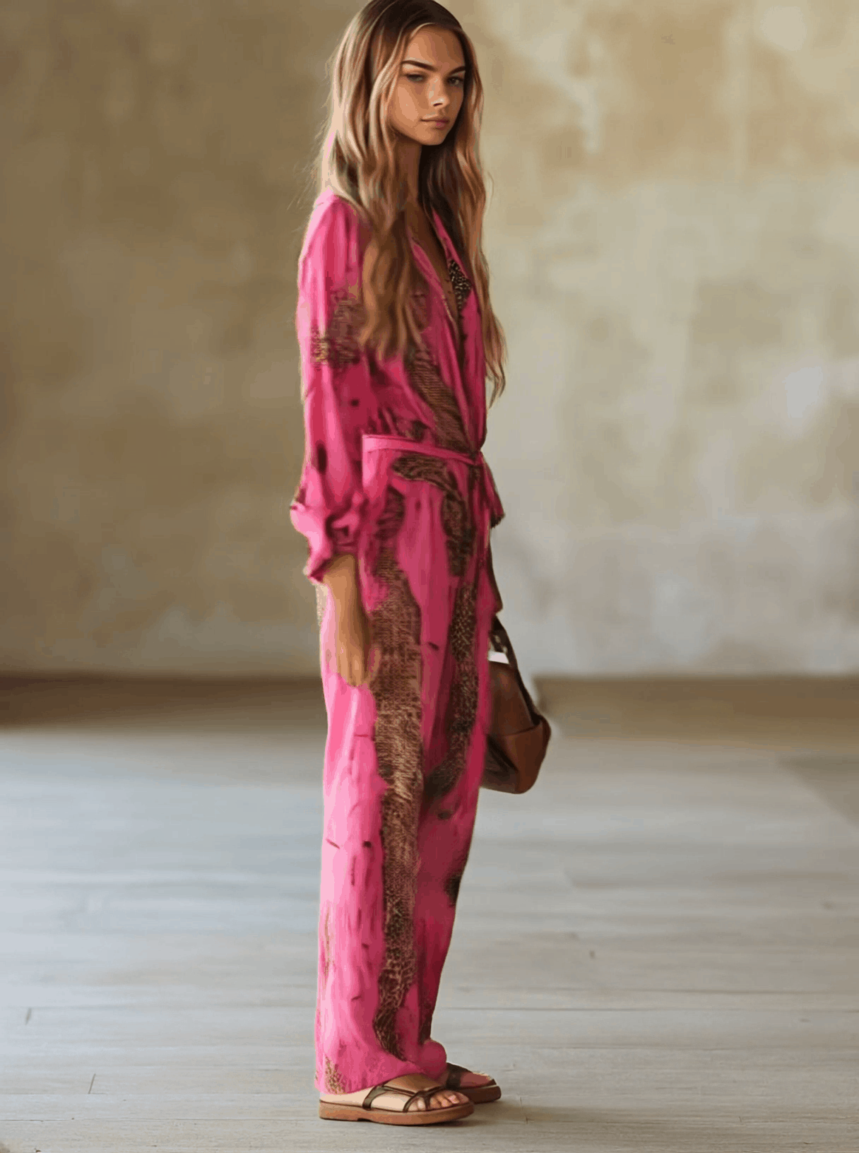 Rose red leopard print chiffon long sleeve women's jumpsuit with wide-leg pants by Christine Brewer, featuring a stylish, flowy silhouette.
