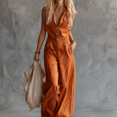 Rust orange cotton western V-neck sleeveless jumpsuit for women, featuring stylish pants by Christine Brewer.