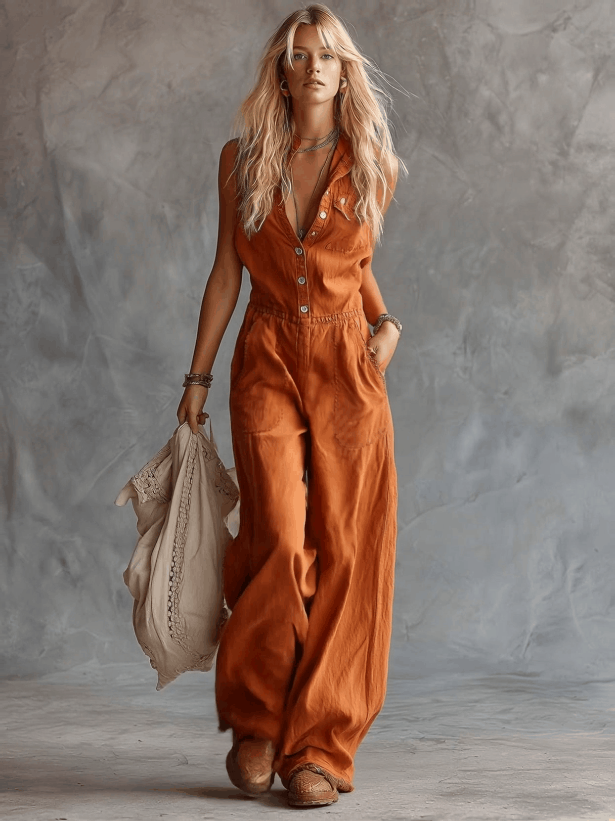 Rust orange cotton western V-neck sleeveless jumpsuit for women, featuring stylish pants by Christine Brewer.