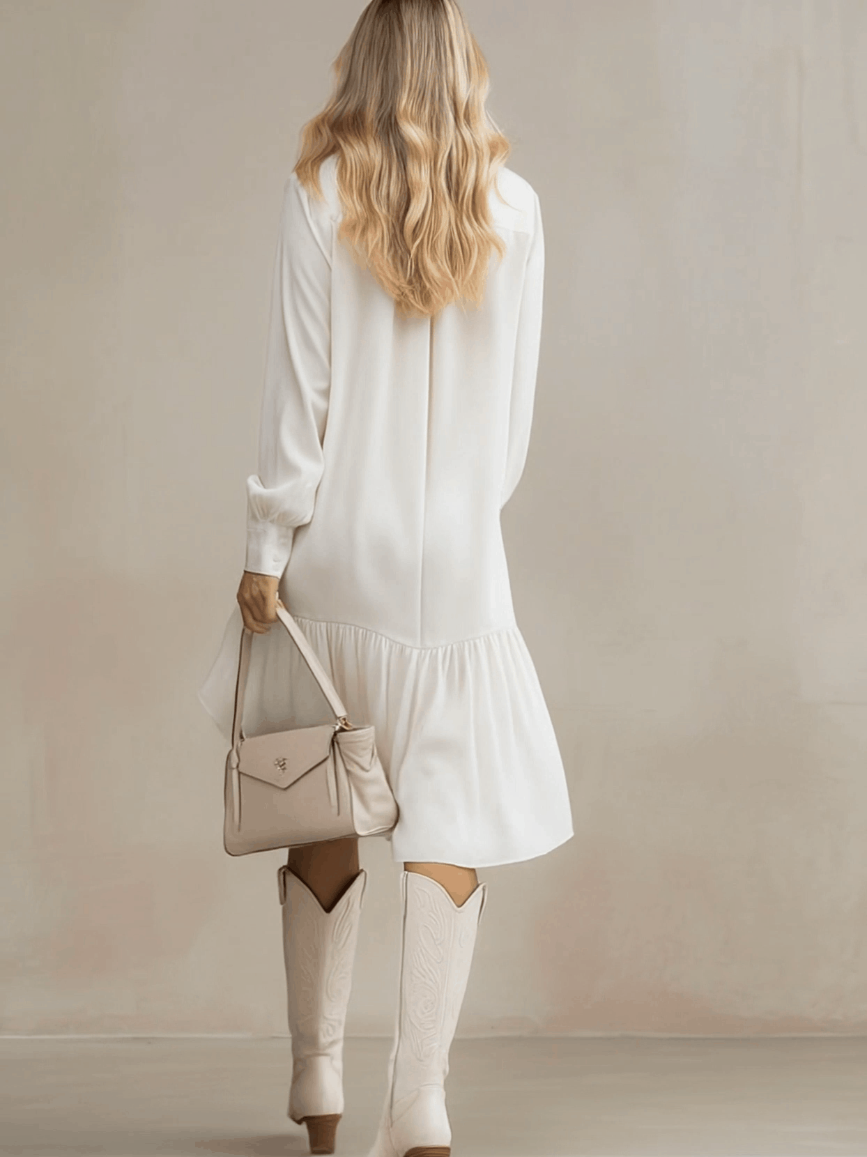 White denim ruffle midi dress by Christine Brewer, featuring a stylish evening dress with ruffled details and a midi length.