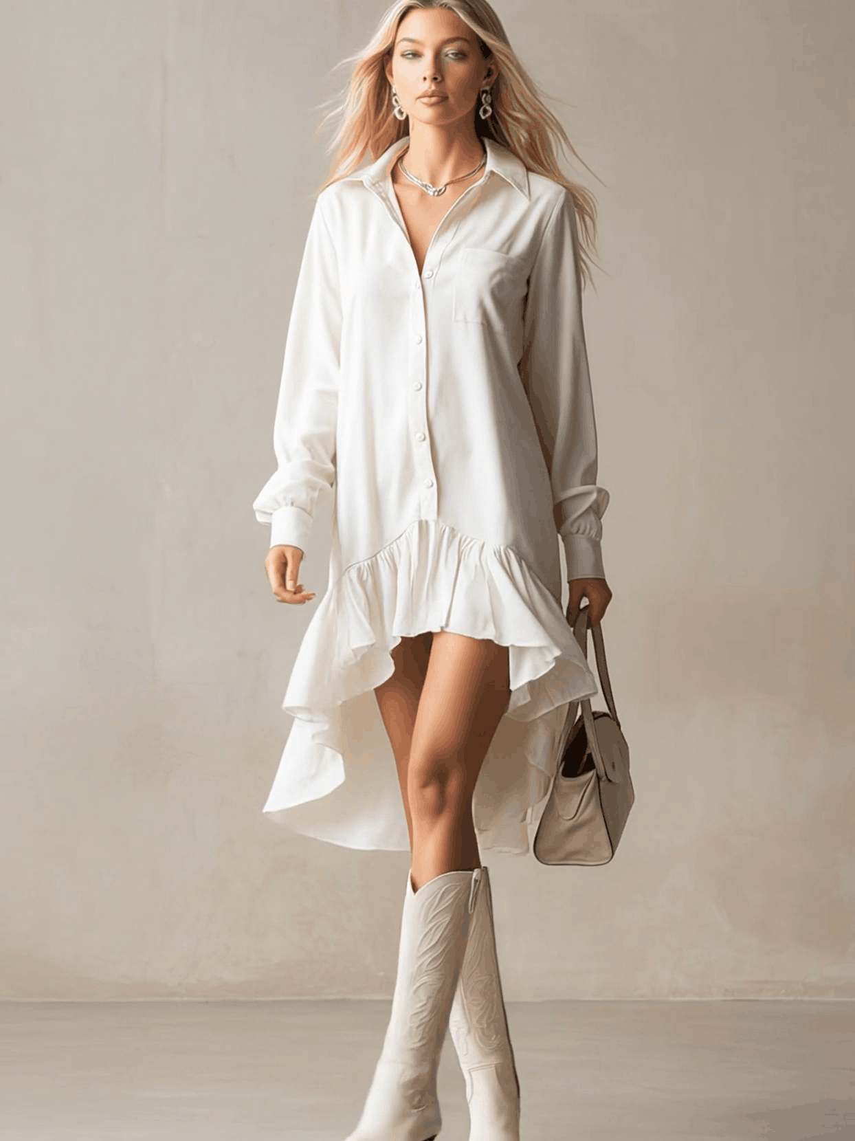 White denim ruffle midi dress by Christine Brewer, featuring a flowing silhouette with ruffled details, perfect for elegant evening wear.