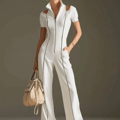 White cotton blend short sleeve wide-leg jumpsuit for women by Christine Brewer, shown in a full-length view.