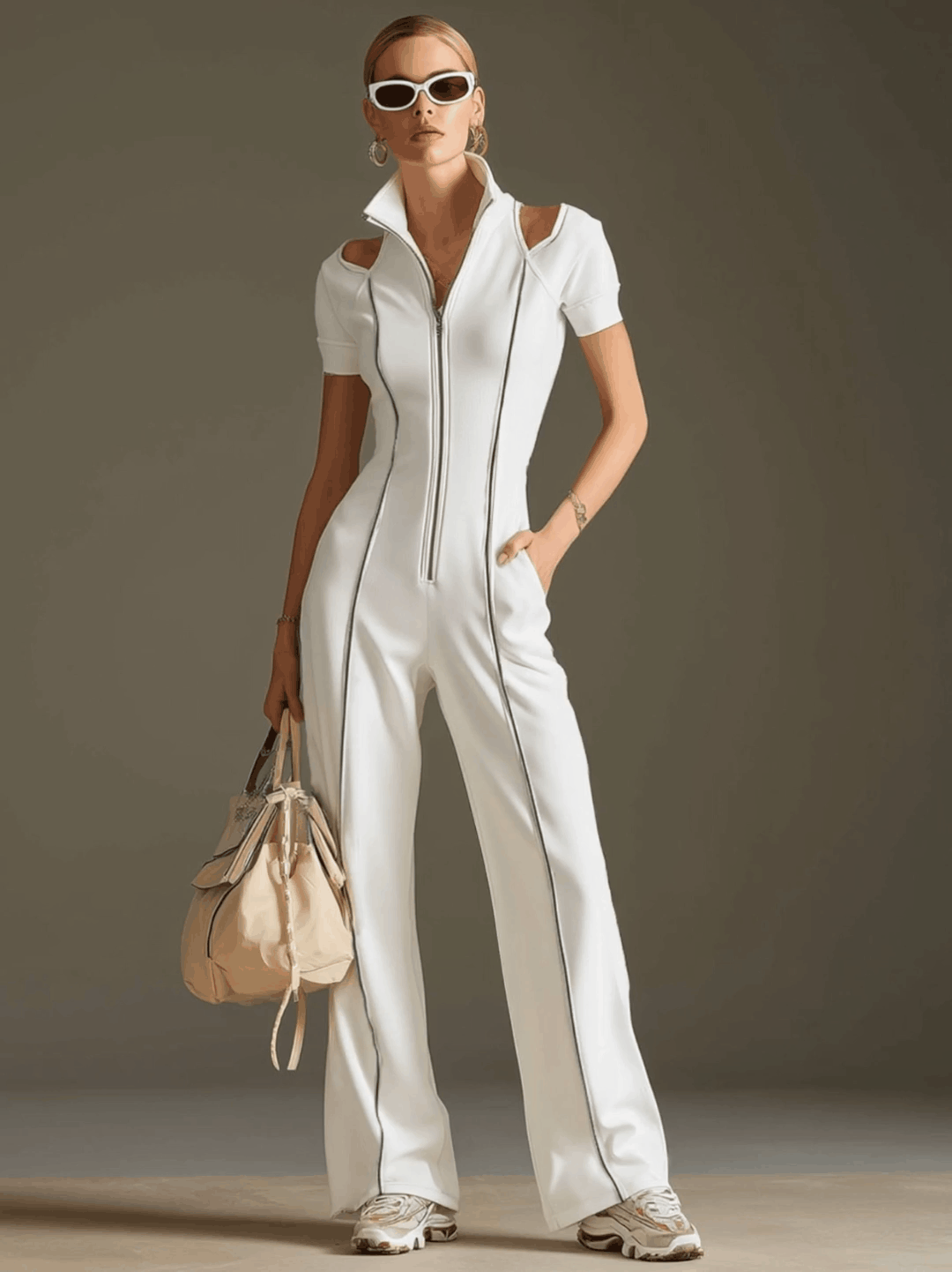 White cotton blend short sleeve wide-leg jumpsuit for women by Christine Brewer, shown in a full-length view.