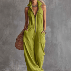 Bright green cotton linen women's jumpsuit with zip-front and long sleeves, styled as pants from Christine Brewer.