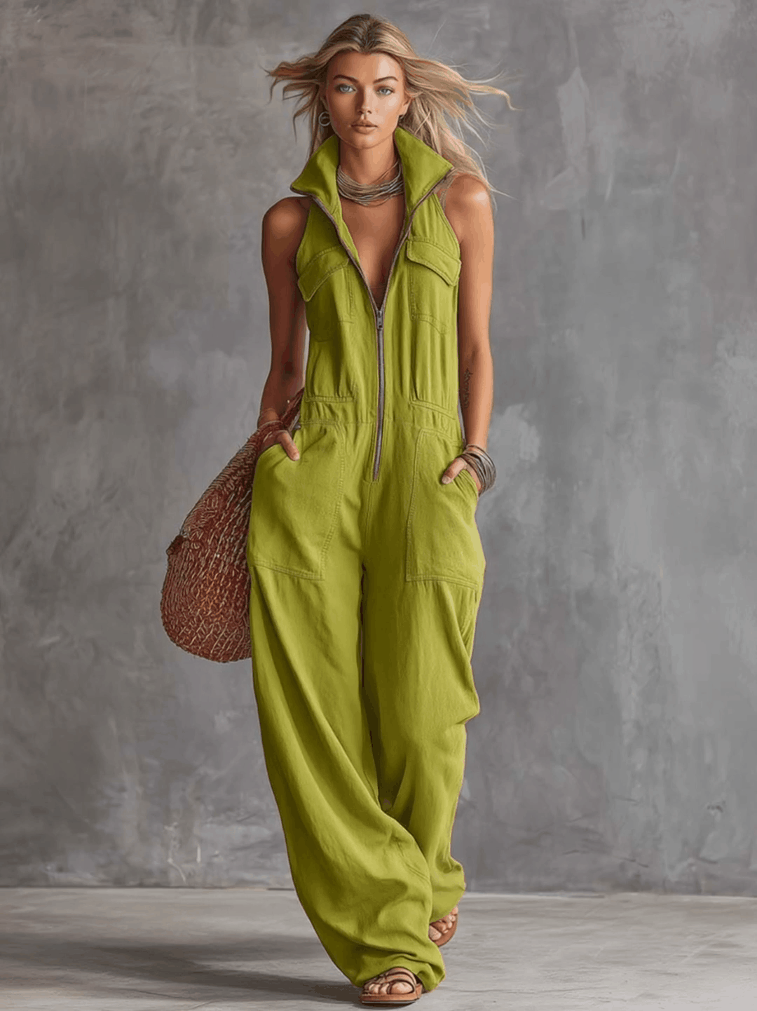 Bright green cotton linen women's jumpsuit with zip-front and long sleeves, styled as pants from Christine Brewer.