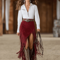 Red faux suede slit midi dress by Christine Brewer, showcasing a stylish casual dress with a mid-length design and slit detail.
