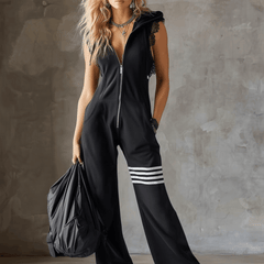 Black striped sleeveless hooded jumpsuit for women by Christine Brewer, featuring a relaxed fit and stylish design.