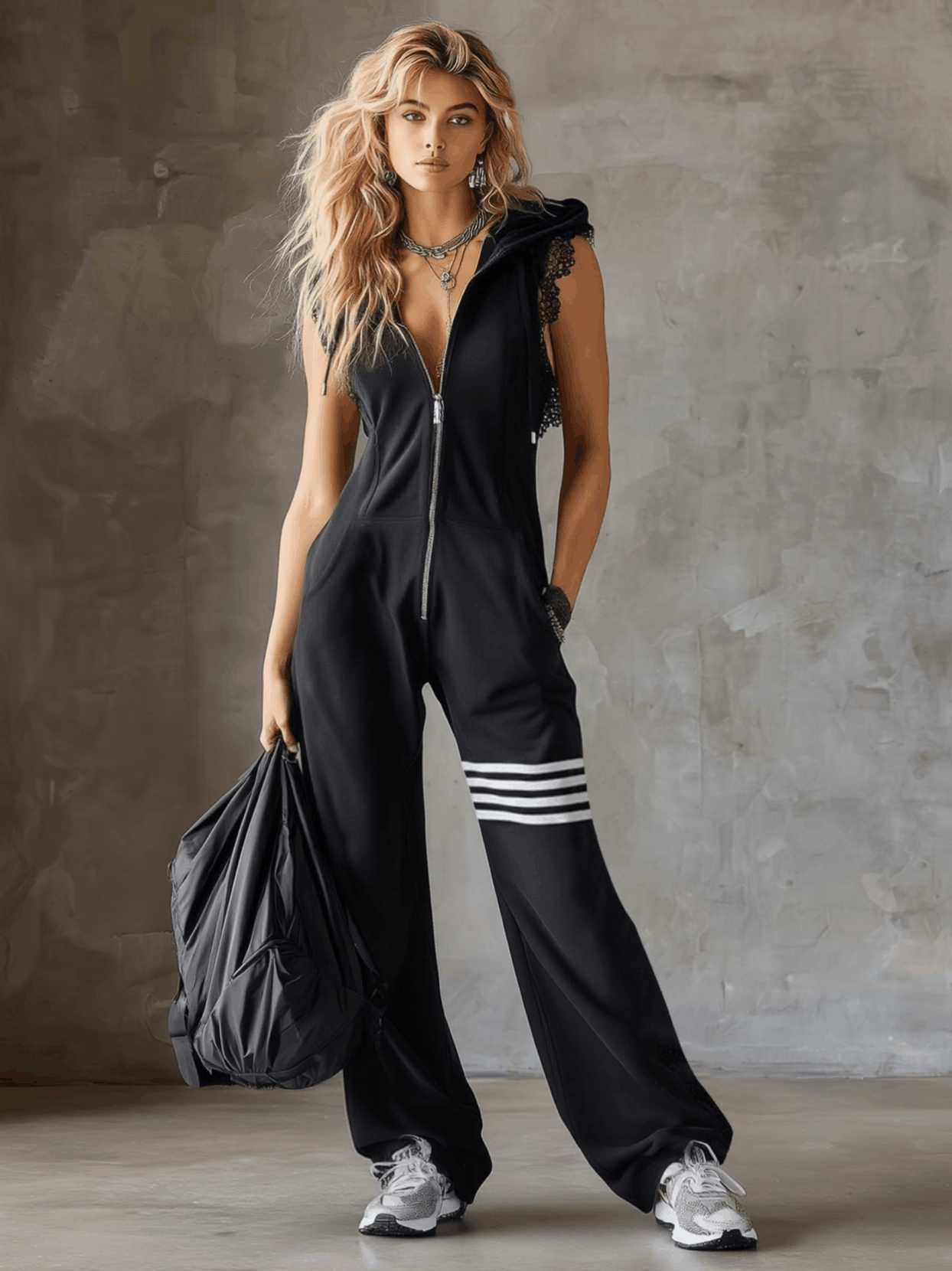 Black striped sleeveless hooded jumpsuit for women by Christine Brewer, featuring a relaxed fit and stylish design.
