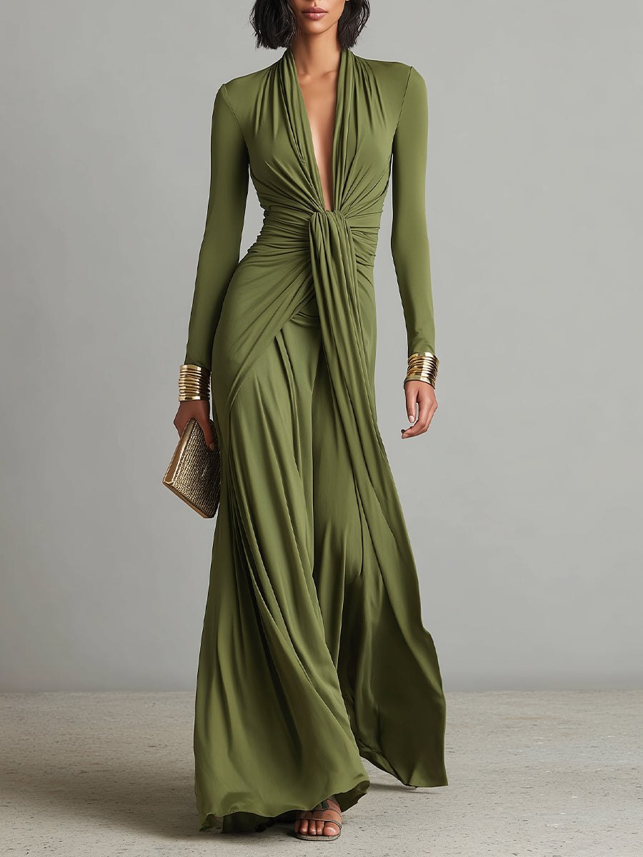 Olive silk V-neck maxi dress for women by Christine Brewer featuring flowing fabric and elegant design.