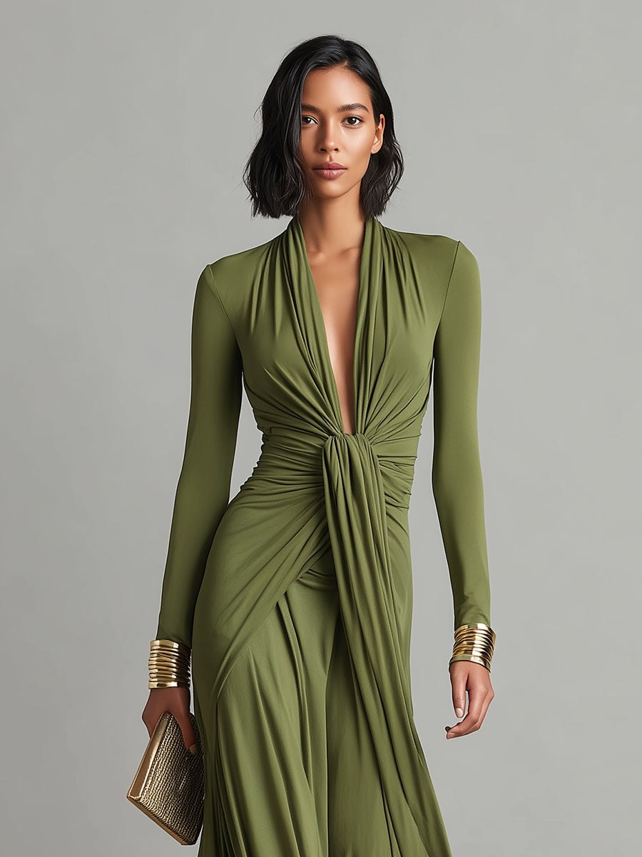 Olive silk V-neck maxi dress for women by Christine Brewer, flowing style with long length and elegant drape in the image.