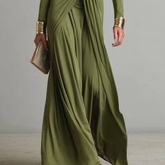 Olive silk V-neck maxi dress for women by Christine Brewer, flowing dress with a V-neckline and elegant silhouette.