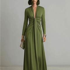 Olive silk v-neck maxi dress for women by Christine Brewer, flowing design with long length and elegant V-neck neckline.