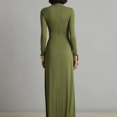 Olive silk V-neck maxi dress for women by Christine Brewer, flowing fabric, sleeveless design, and elegant length.