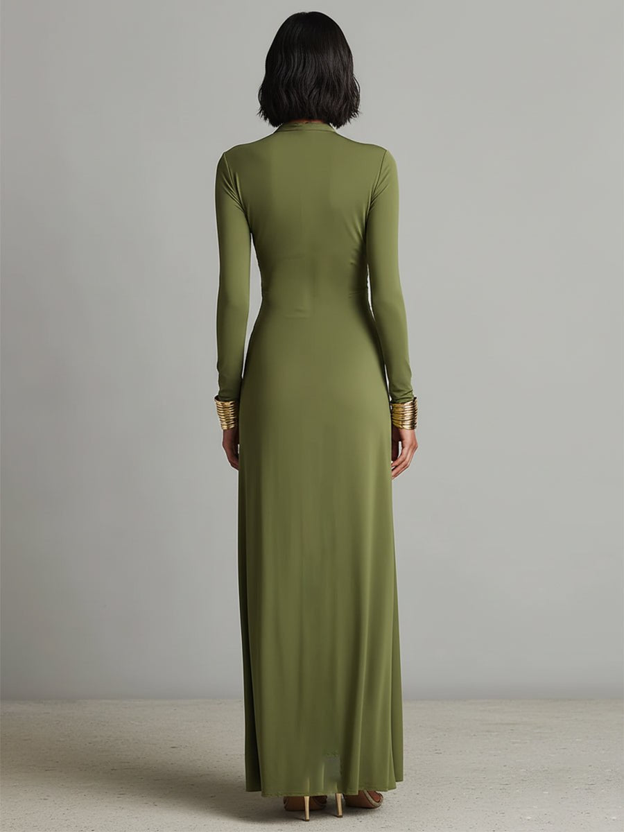Olive silk V-neck maxi dress for women by Christine Brewer, flowing fabric, sleeveless design, and elegant length.