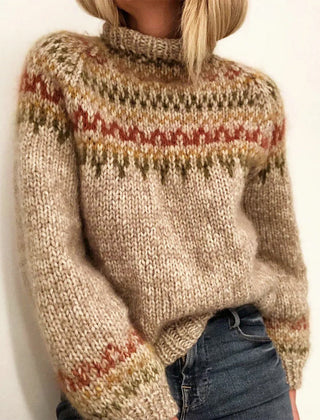 OliviaKlein Winter turtleneck sweater featuring a cozy, classic Nordic pattern in warm tones by Christine Brewer.