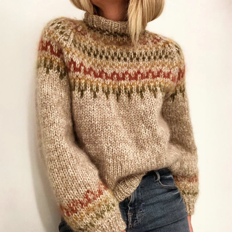 OliviaKlein Winter turtleneck sweater featuring a cozy, classic Nordic pattern in warm tones by Christine Brewer.