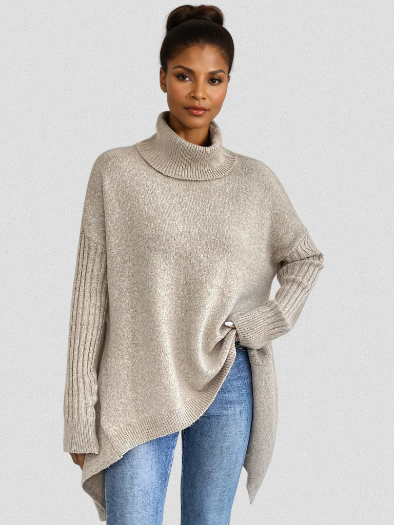 Cream high-neck sweater for women by Christine Brewer, featuring a cozy fit and stylish design.