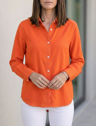 Orange linen summer blouse for women with button front and short sleeves, stylish top by Christine Brewer.