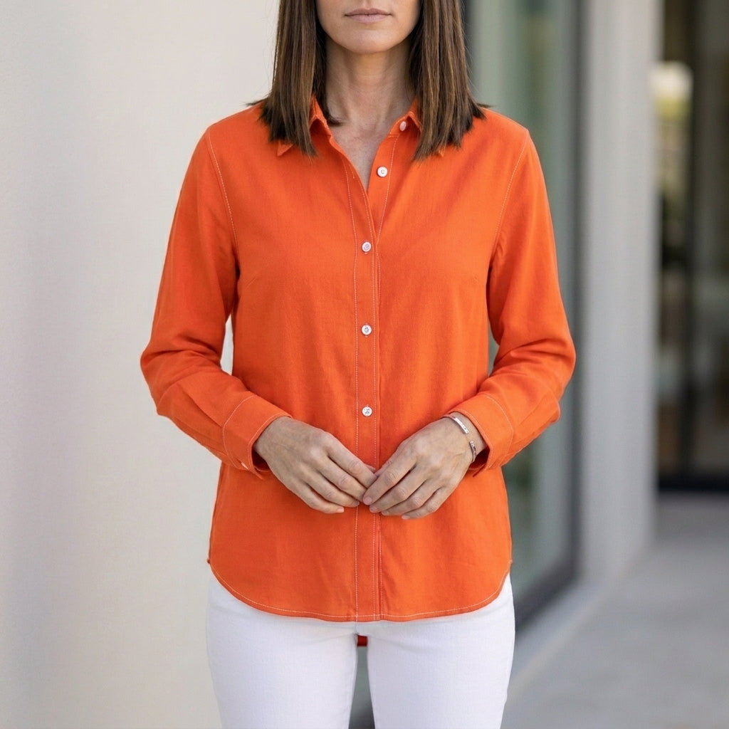 Orange linen summer blouse for women with button front and short sleeves, stylish top by Christine Brewer.