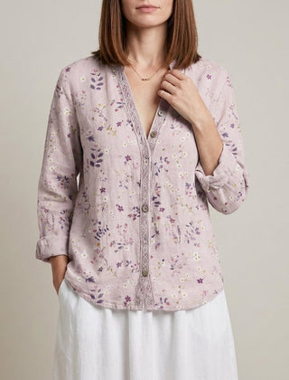 Pink floral V-neck linen blouse for women with long sleeves, stylish summer top by Christine Brewer.