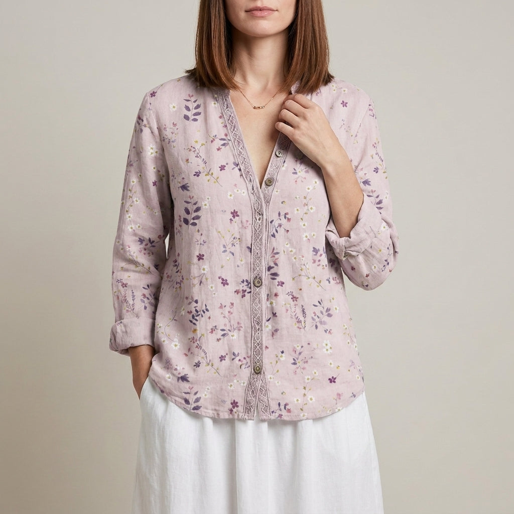 Pink floral V-neck linen blouse for women with long sleeves, stylish summer top by Christine Brewer.