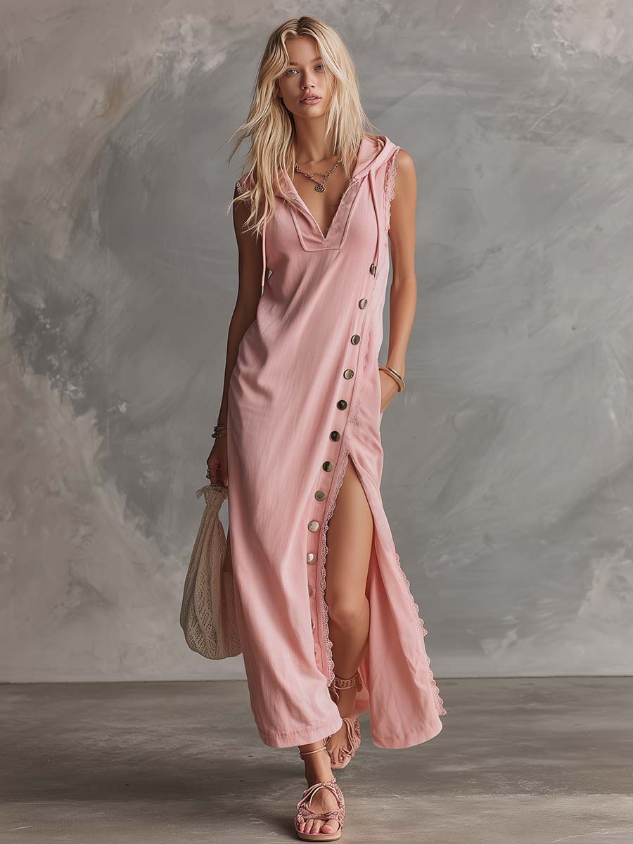 Pink lace V-neck midi dress by Christine Brewer, featuring elegant evening dress design with delicate lace details.