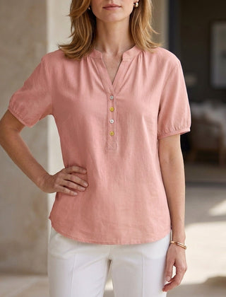 Pink denim summer blouse for women with puff sleeves and button front, lightweight and stylish by Christine Brewer.