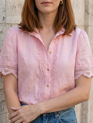 Pink women's summer blouse with V-neck and short lace sleeves, stylish top by Christine Brewer.