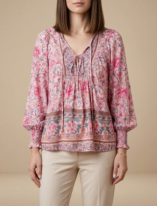 Pink floral long sleeve linen blouse for women by Christine Brewer, showcasing lightweight summer top with feminine design.