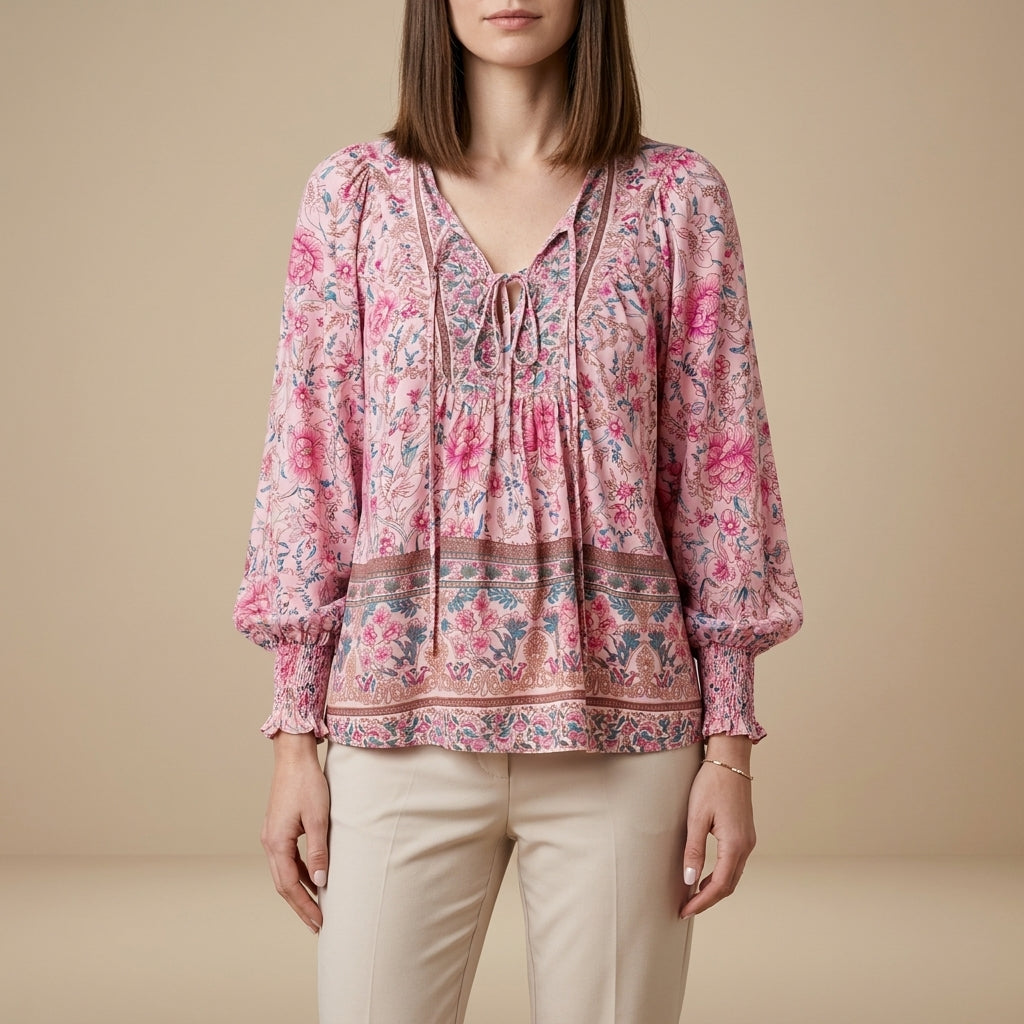 Pink floral long sleeve linen blouse for women by Christine Brewer, showcasing lightweight summer top with feminine design.