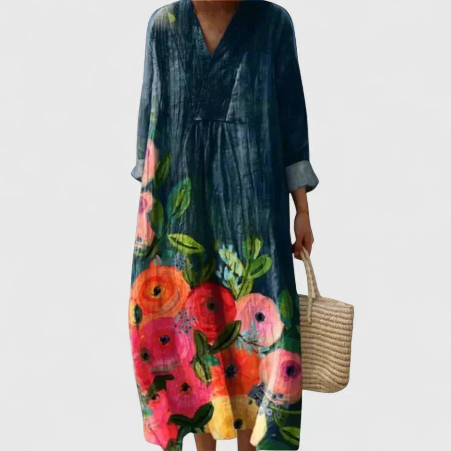 Taylynnne | Maxi Dress Women Floral Long Sleeve Pleated Lightweight Loose Fit Flowy Casual Fall