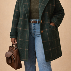 Green long women's coat with rose pattern by Christine Brewer, featuring a stylish and elegant design.