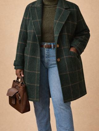 Green long women's coat with rose pattern by Christine Brewer, featuring a stylish and elegant design.