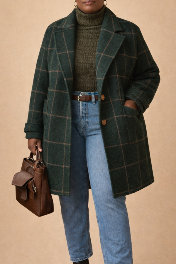 Green long women's coat with rose pattern by Christine Brewer, featuring a stylish and elegant design.