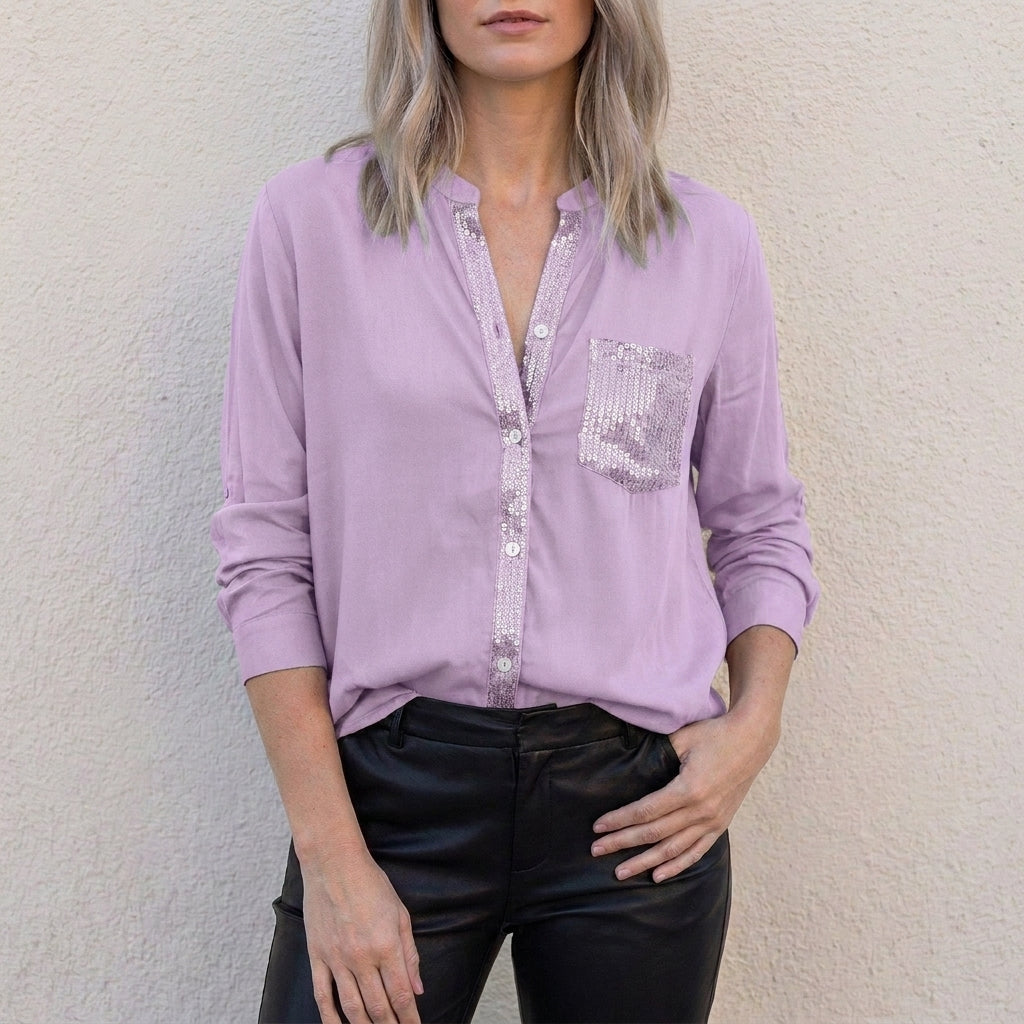 Purple women's summer blouse with V-neck and denim button front, stylish top by Christine Brewer.